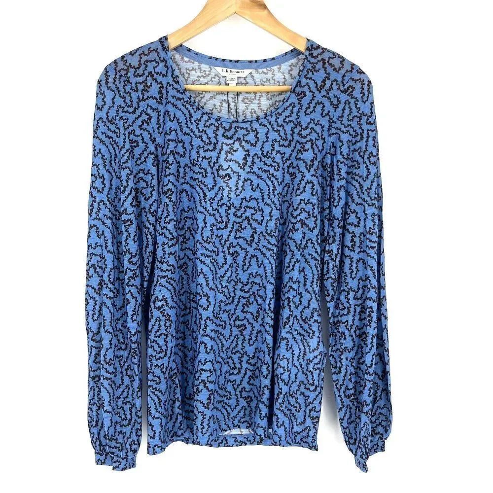 LK Bennett London Top Size XS Womens Blue TJ Jack Geo Print Blouse Long Sleeve